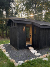 Load image into Gallery viewer, Artist studio shed, Accessory Dwelling Unit (ADU), tiny house, cottage, backyard sunhouse, outdoor guest room, living pod, meditation tea room, sunroom, black shou sugi ban, prefabricated airbnb, scandinavian home, bedroom dwelling, modern ADU cabin, zen japanese yoga space