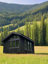 Load image into Gallery viewer, Artist studio shed, Accessory Dwelling Unit (ADU), tiny house, cottage, backyard sunhouse, outdoor guest room, living pod, meditation tea room, sunroom, black shou sugi ban, prefabricated airbnb, scandinavian home, bedroom dwelling, modern ADU cabin, zen japanese yoga space