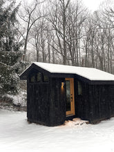 Load image into Gallery viewer, Artist studio shed, Accessory Dwelling Unit (ADU), tiny house, cottage, backyard sunhouse, outdoor guest room, living pod, meditation tea room, sunroom, black shou sugi ban, prefabricated airbnb, scandinavian home, bedroom dwelling, modern ADU cabin, zen japanese yoga space