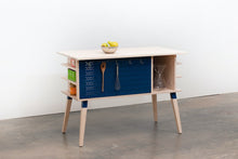 Load image into Gallery viewer, Mid-Century Modern Kitchen Island Work Station, Minimalist Prep or Utility Table with Storage Peg Boards, Shelves and Spice Rack. Handmade of Solid Wood and Powder Coated Metal. Available in Walnut, Oak or Ash with Oval or Rectangular Top. Custom Paint Colors Available.
