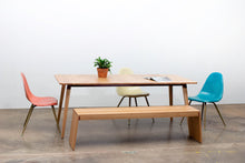 Load image into Gallery viewer, Minimalist Modern Bench with Angled Legs. Handmade of Solid Wood and Powder Coated Metal. Available in Walnut, Oak or Ash. Custom Paint Colors Available. Free USA Shipping!