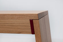 Load image into Gallery viewer, Minimalist Modern Bench with Angled Legs. Handmade of Solid Wood and Powder Coated Metal. Available in Walnut, Oak or Ash. Custom Paint Colors Available. Free USA Shipping!