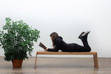 Load image into Gallery viewer, Minimalist Modern Bench with Angled Legs. Handmade of Solid Wood and Powder Coated Metal. Available in Walnut, Oak or Ash. Custom Paint Colors Available. Free USA Shipping!
