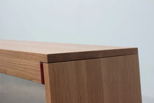 Load image into Gallery viewer, Minimalist Modern Bench with Angled Legs. Handmade of Solid Wood and Powder Coated Metal. Available in Walnut, Oak or Ash. Custom Paint Colors Available. Free USA Shipping!