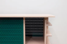 Load image into Gallery viewer, Mid-Century Modern Kitchen Island Work Station, Minimalist Prep or Utility Table with Storage Peg Boards, Shelves and Spice Rack. Handmade of Solid Wood and Powder Coated Metal. Available in Walnut, Oak or Ash with Oval or Rectangular Top. Custom Paint Colors Available.