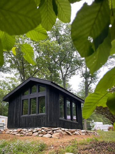 Artist studio shed, Accessory Dwelling Unit (ADU), tiny house, cottage, backyard sunhouse, outdoor guest room, living pod, meditation tea room, sunroom, black shou sugi ban, prefabricated airbnb, scandinavian home, bedroom dwelling, modern ADU cabin, zen japanese yoga space