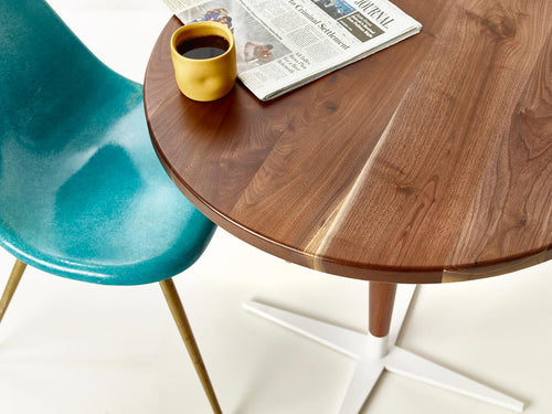 Mid-Century Danish Modern Bistro, Coffee or Cocktail Pedestal Table. Handmade from Solid Wood and Powder Coated / Painted, Chrome, Copper or Brass Plated Steel by Wake the Tree Furniture Co.