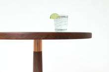 Load image into Gallery viewer, Mid-Century Danish Modern Bistro, Coffee or Cocktail Pedestal Table. Handmade from Solid Wood and Powder Coated / Painted, Chrome, Copper or Brass Plated Steel by Wake the Tree Furniture Co.
